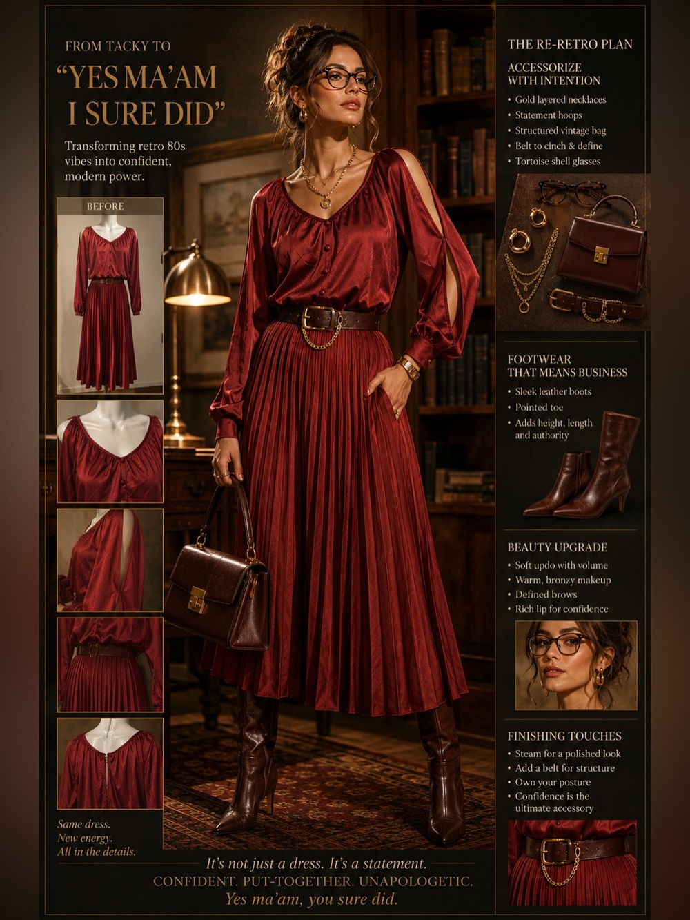 Vintage Burgundy Pleated Midi Dress | Cold Shoulder Sleeve Dark Academia Romance